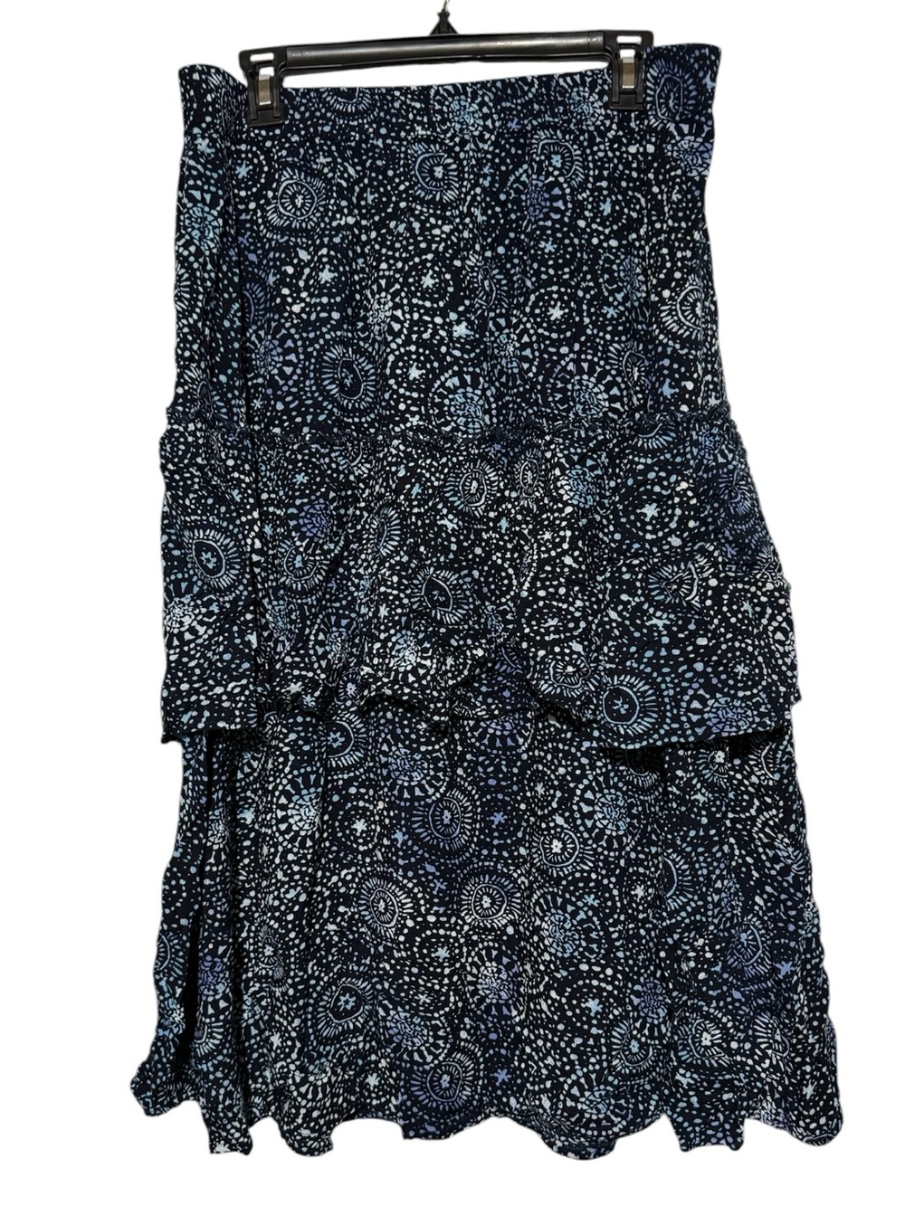 Long Modest Tiered Modi Skirt Size Large Navy Blue Galaxy Printed Pull On Waist